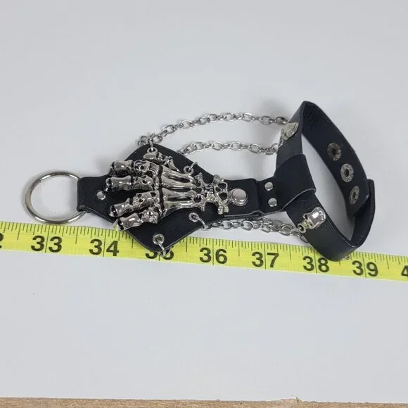 Black Faux Leather Silver Tone Skeleton Hand Slave Bracelet Punk Halloween Goth - Picture 9 of 9